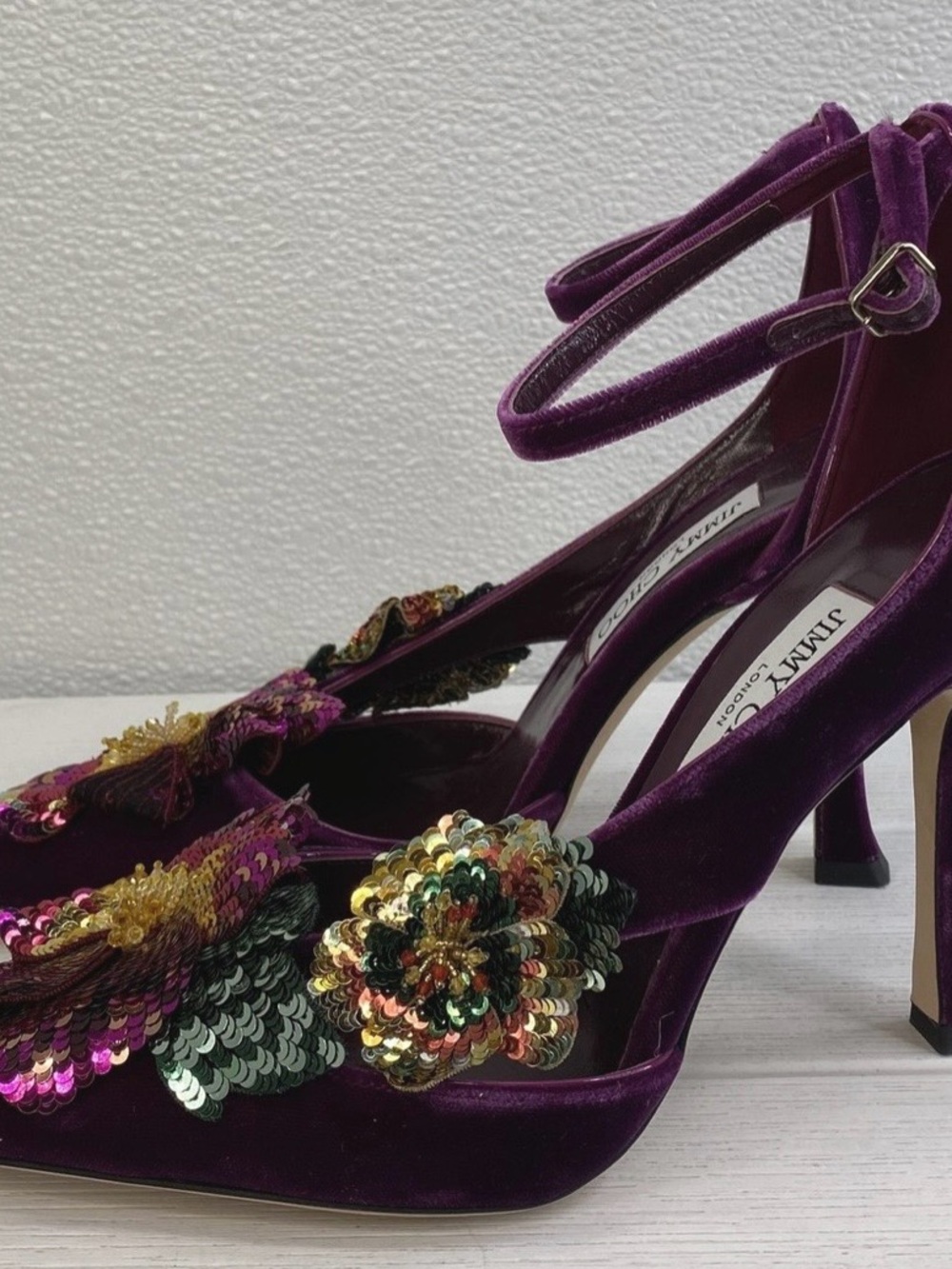 Jimmy Choo Purple Velvet Sequin Floral Embellished Ankle-Strap Heels - Picture 2 of 3